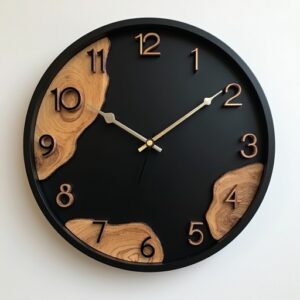 Modern Clock in Wood with Black Background and Natural Wood Accents