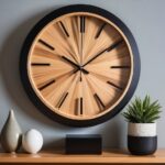 Striking Large Clock Wood with Sunburst Design and Black Accents